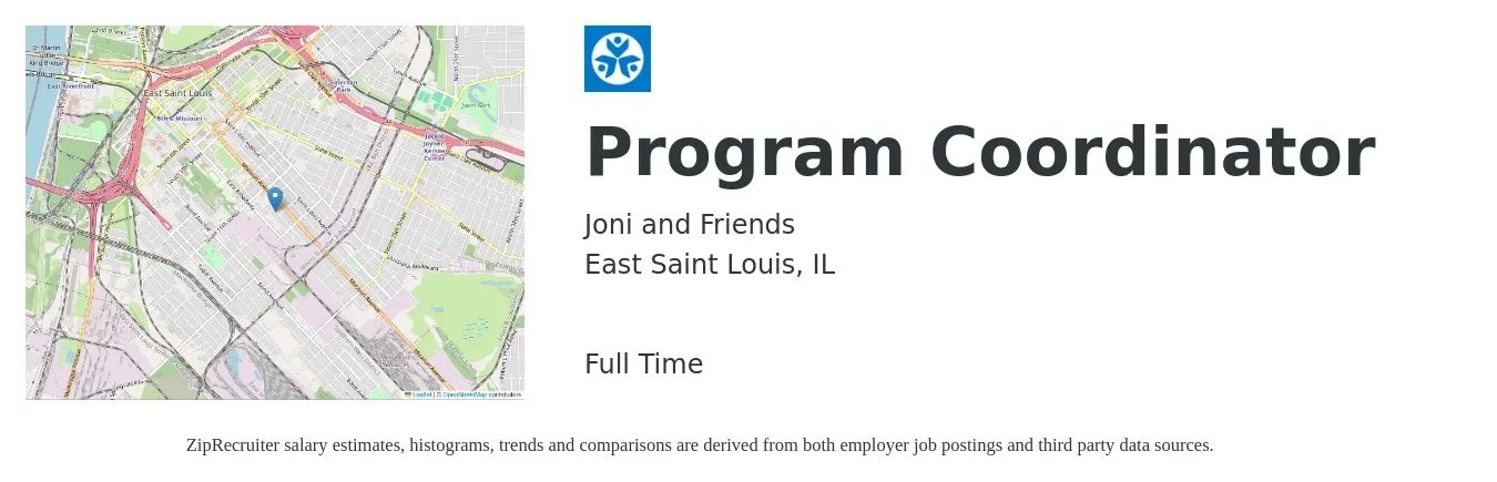 Joni and Friends job posting for a Program Coordinator in East Saint Louis, IL with a salary of $20 to $22 Hourly with a map of East Saint Louis location.