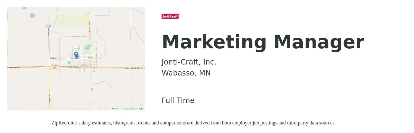 Jonti-Craft, Inc. job posting for a Marketing Manager in Wabasso, MN with a salary of $55,300 to $90,300 Yearly with a map of Wabasso location.