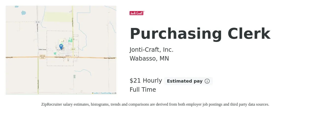 Jonti-Craft, Inc. job posting for a Purchasing Clerk in Wabasso, MN with a salary of $22 Hourly with a map of Wabasso location.