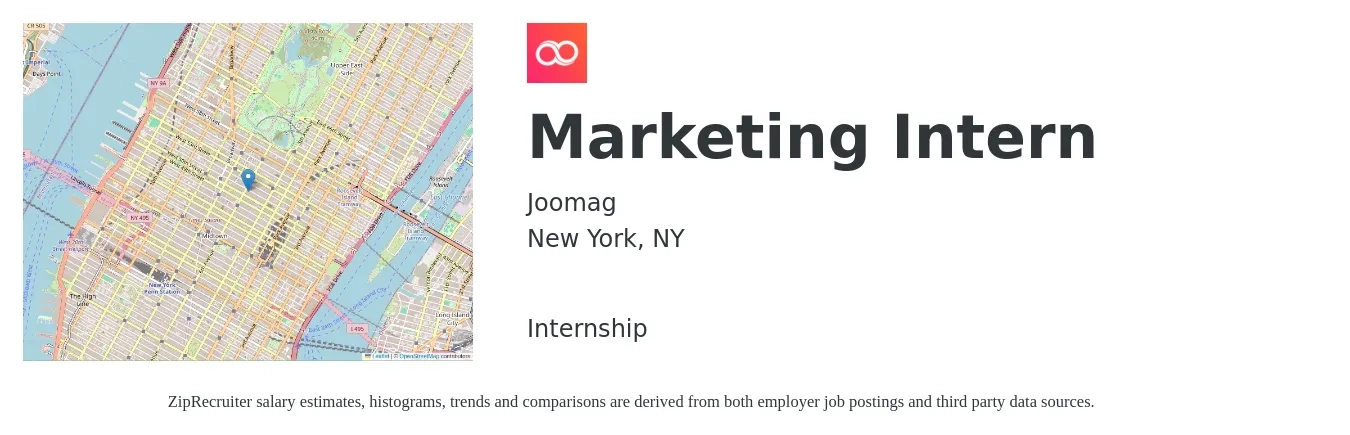 Joomag job posting for a Marketing Intern in New York, NY with a salary of $16 to $22 Hourly with a map of New York location.