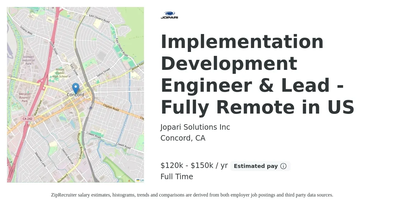 Jopari Solutions Inc job posting for a Implementation Development Engineer & Lead - Fully Remote in US in Concord, CA with a salary of $120,000 to $150,000 Yearly with a map of Concord location.