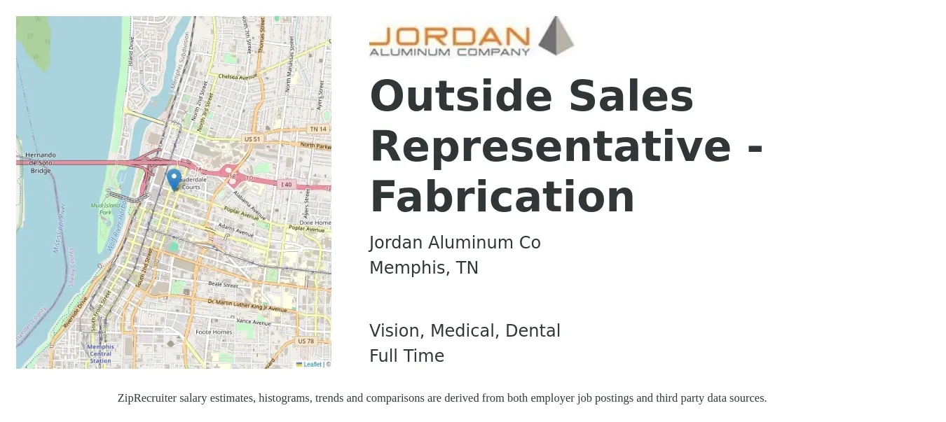 Jordan Aluminum Co job posting for a Outside Sales Representative - Fabrication in Memphis, TN with a salary of $51,000 to $87,400 Yearly and benefits including vision, dental, life_insurance, medical, pto, and retirement with a map of Memphis location.