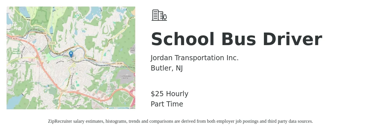 Jordan Transportation Inc. job posting for a School Bus Driver in Butler, NJ with a salary of $27 Hourly with a map of Butler location.