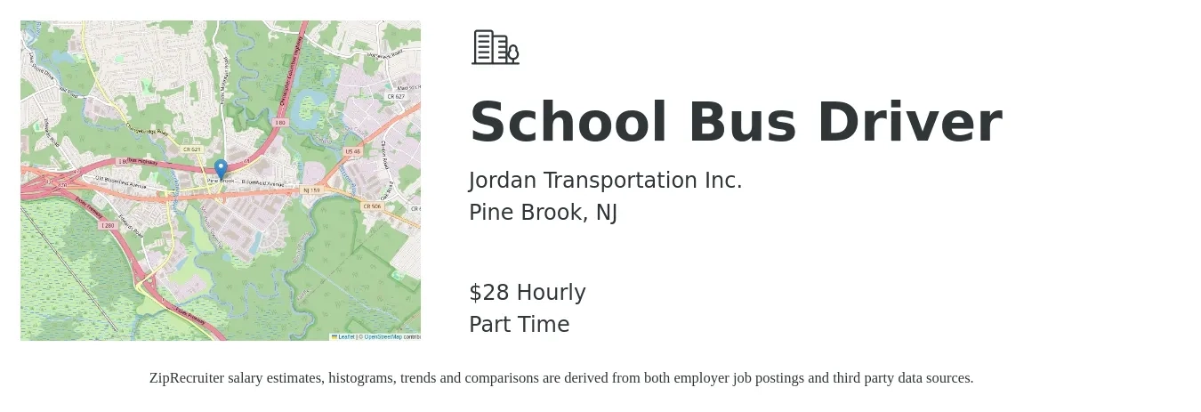 Jordan Transportation Inc. job posting for a School Bus Driver in Pine Brook, NJ with a salary of $30 Hourly with a map of Pine Brook location.