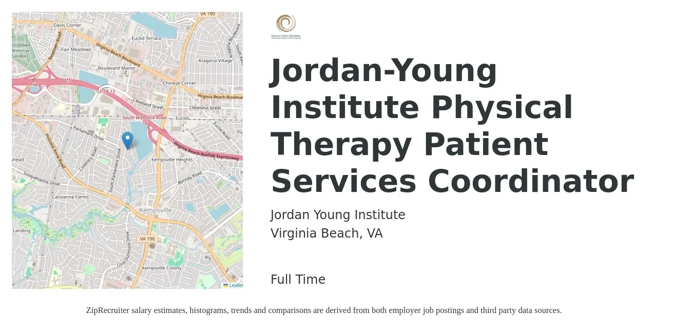 Jordan Young Institute job posting for a Jordan-Young Institute Physical Therapy Patient Services Coordinator in Virginia Beach, VA with a salary of $15 to $20 Hourly with a map of Virginia Beach location.