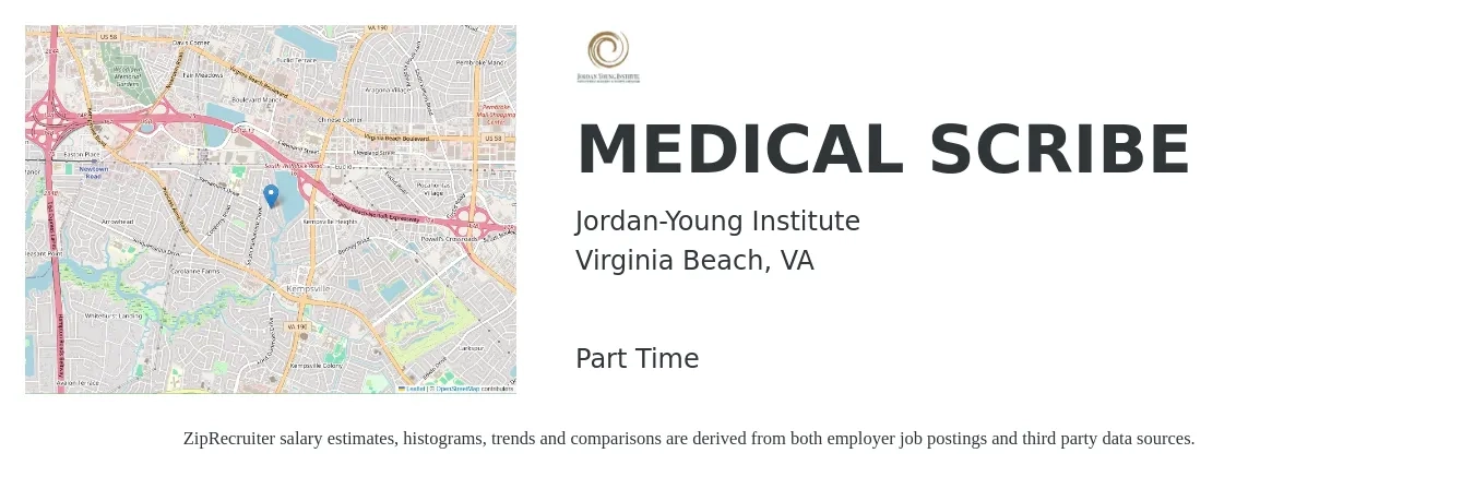 Jordan-Young Institute job posting for a MEDICAL SCRIBE in Virginia Beach, VA with a salary of $14 to $18 Hourly with a map of Virginia Beach location.