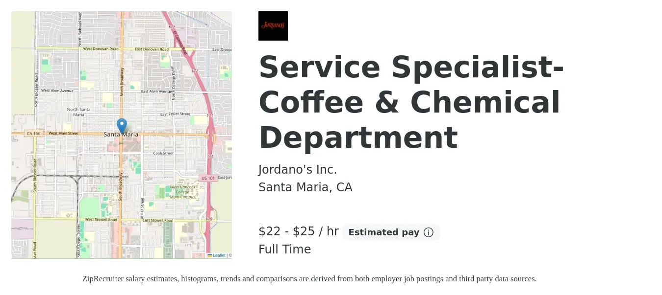 Jordano's Inc. job posting for a Service Specialist-Coffee & Chemical Department in Santa Maria, CA with a salary of $24 to $27 Hourly with a map of Santa Maria location.