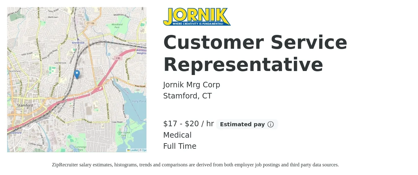 Jornik Mrg Corp job posting for a Customer Service Representative in Stamford, CT with a salary of $18 to $21 Hourly and benefits including medical with a map of Stamford location.