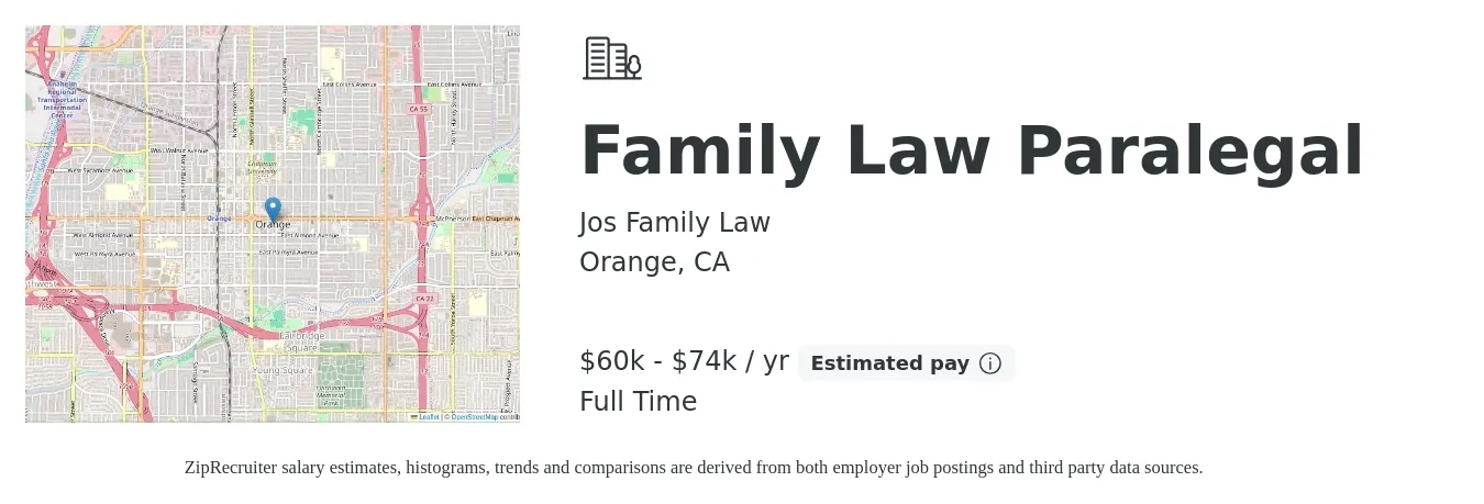 Jos Family Law job posting for a Family Law Paralegal in Orange, CA with a salary of $60,000 to $74,000 Yearly and benefits including retirement with a map of Orange location.