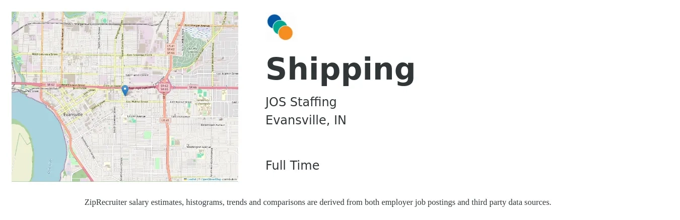 JOS Staffing job posting for a Shipping in Evansville, IN with a salary of $15 to $18 Hourly with a map of Evansville location.