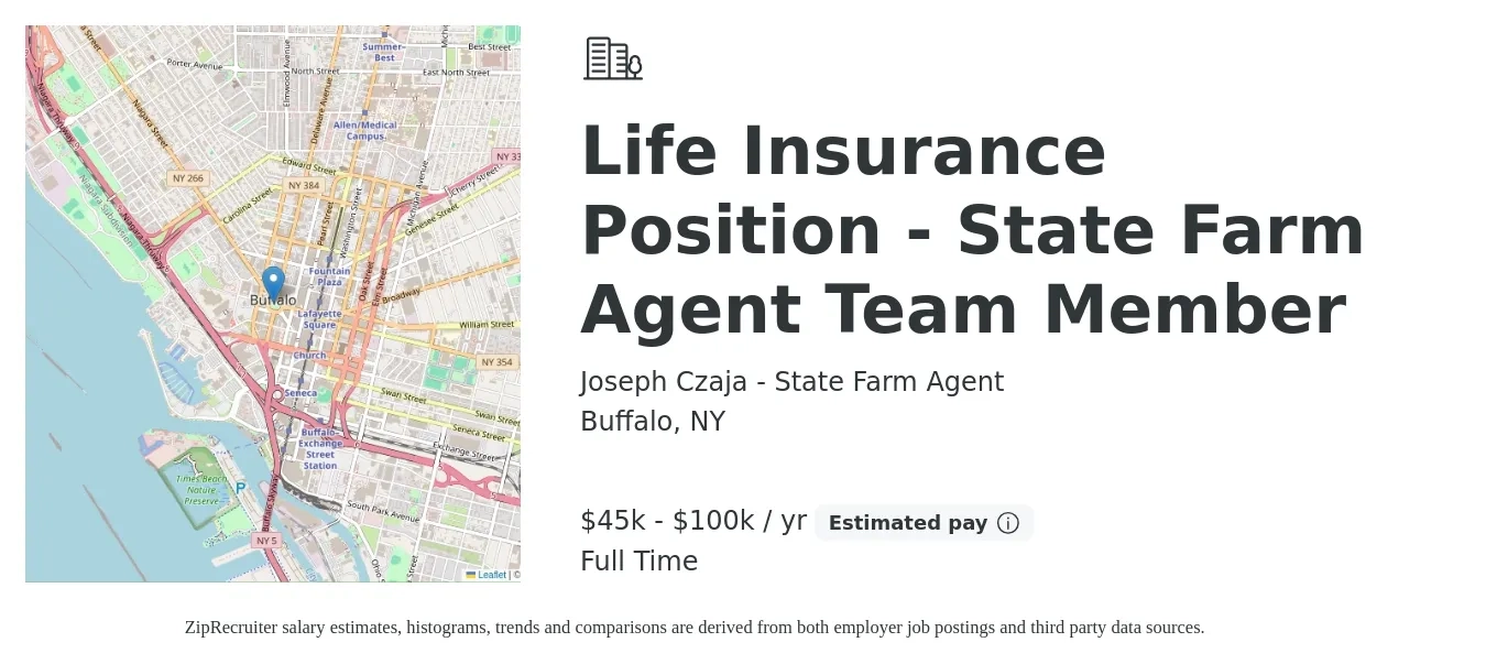 Joseph Czaja - State Farm Agent job posting for a Life Insurance Position - State Farm Agent Team Member in Buffalo, NY with a salary of $45,000 to $100,000 Yearly with a map of Buffalo location.