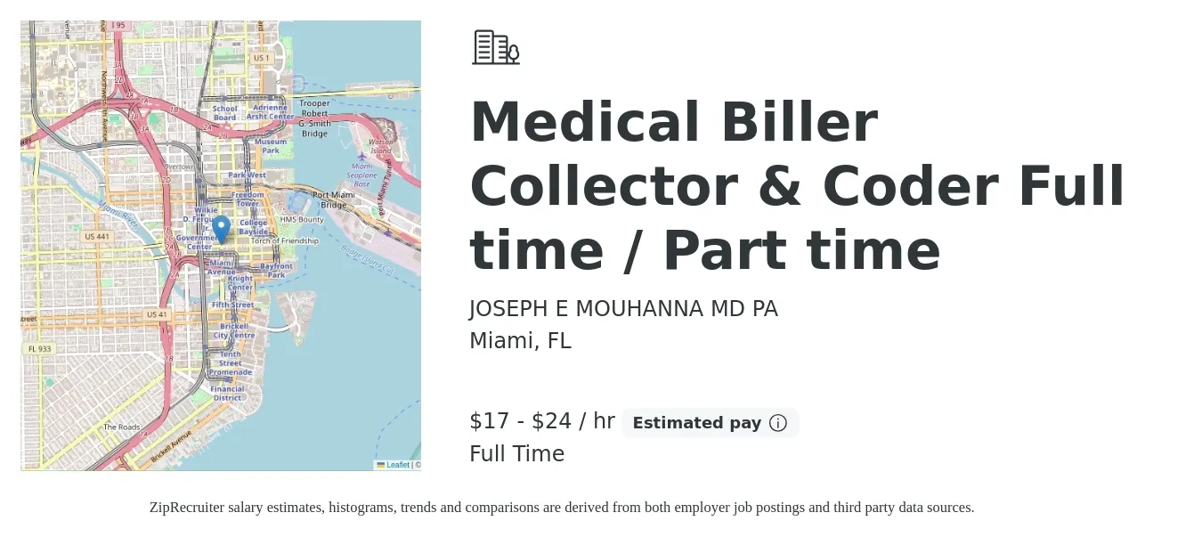 JOSEPH E MOUHANNA MD PA job posting for a Medical Biller Collector & Coder Full time / Part time in Miami, FL with a salary of $18 to $25 Hourly with a map of Miami location.