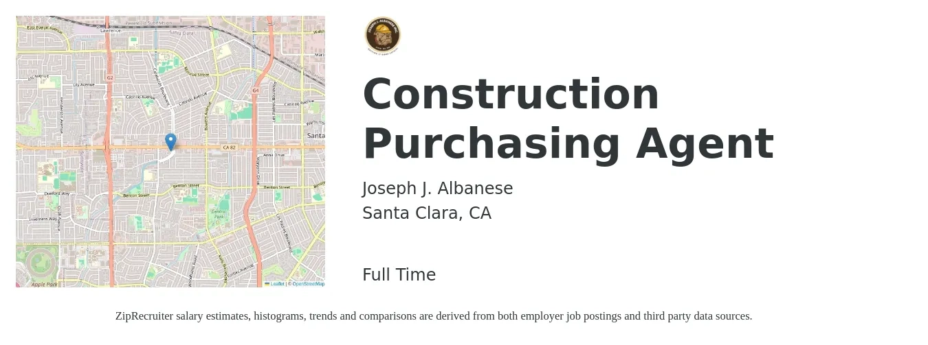 Joseph J. Albanese job posting for a Construction Purchasing Agent in Santa Clara, CA with a salary of $75,000 to $90,000 Yearly with a map of Santa Clara location.