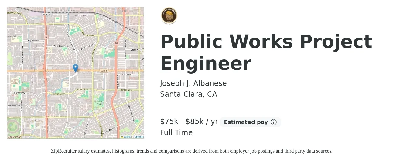 Joseph J. Albanese job posting for a Public Works Project Engineer in Santa Clara, CA with a salary of $75,000 to $85,000 Yearly with a map of Santa Clara location.