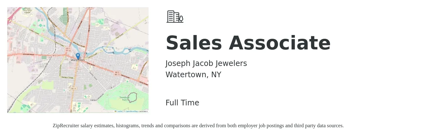 Joseph Jacob Jewelers job posting for a Sales Associate in Watertown, NY with a salary of $15 to $20 Hourly with a map of Watertown location.
