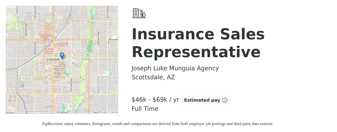 Joseph Luke Munguia Agency job posting for a Insurance Sales Representative in Scottsdale, AZ with a salary of $46,000 to $69,000 Yearly with a map of Scottsdale location.