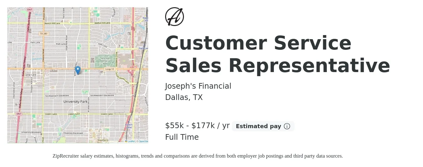 Joseph's Financial job posting for a Customer Service Sales Representative in Dallas, TX with a salary of $55,327 to $177,055 Yearly with a map of Dallas location.