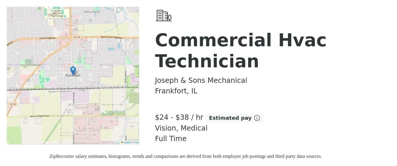 Joseph & Sons Mechanical job posting for a Commercial Hvac Technician in Frankfort, IL with a salary of $25 to $40 Hourly and benefits including medical, pto, retirement, and vision with a map of Frankfort location.