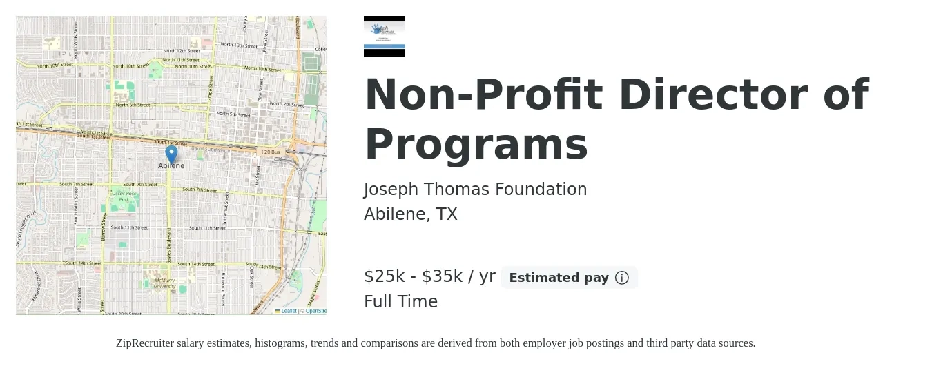 Joseph Thomas Foundation job posting for a Non-Profit Director of Programs in Abilene, TX with a salary of $25,000 to $35,000 Yearly with a map of Abilene location.