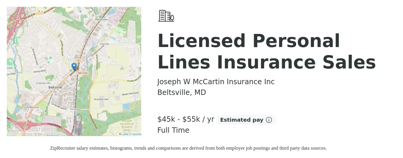 Joseph W McCartin Insurance Inc job posting for a Licensed Personal Lines Insurance Sales in Beltsville, MD with a salary of $45,000 to $55,000 Yearly with a map of Beltsville location.