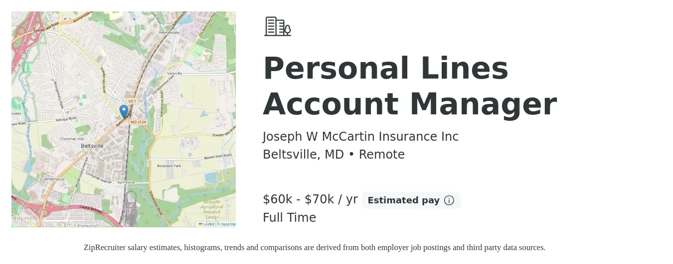 Joseph W McCartin Insurance Inc job posting for a Personal Lines Account Manager in Beltsville, MD with a salary of $60,000 to $70,000 Yearly with a map of Beltsville location.