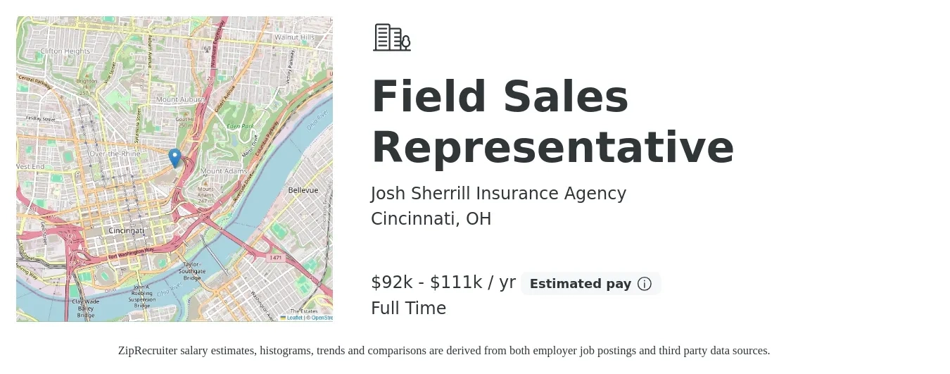 Josh Sherrill Insurance Agency job posting for a Field Sales Representative in Cincinnati, OH with a salary of $19 to $26 Hourly with a map of Cincinnati location.