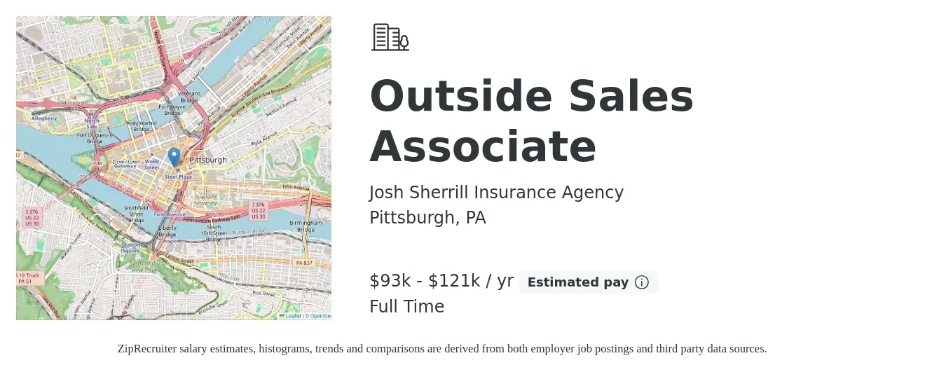 Josh Sherrill Insurance Agency job posting for a Outside Sales Associate in Pittsburgh, PA with a salary of $58,200 to $75,200 Yearly with a map of Pittsburgh location.