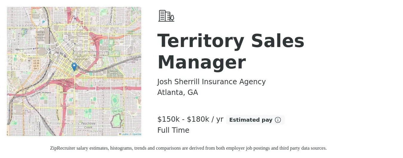 Josh Sherrill Insurance Agency job posting for a Territory Sales Manager in Atlanta, GA with a salary of $150,000 to $180,000 Yearly with a map of Atlanta location.