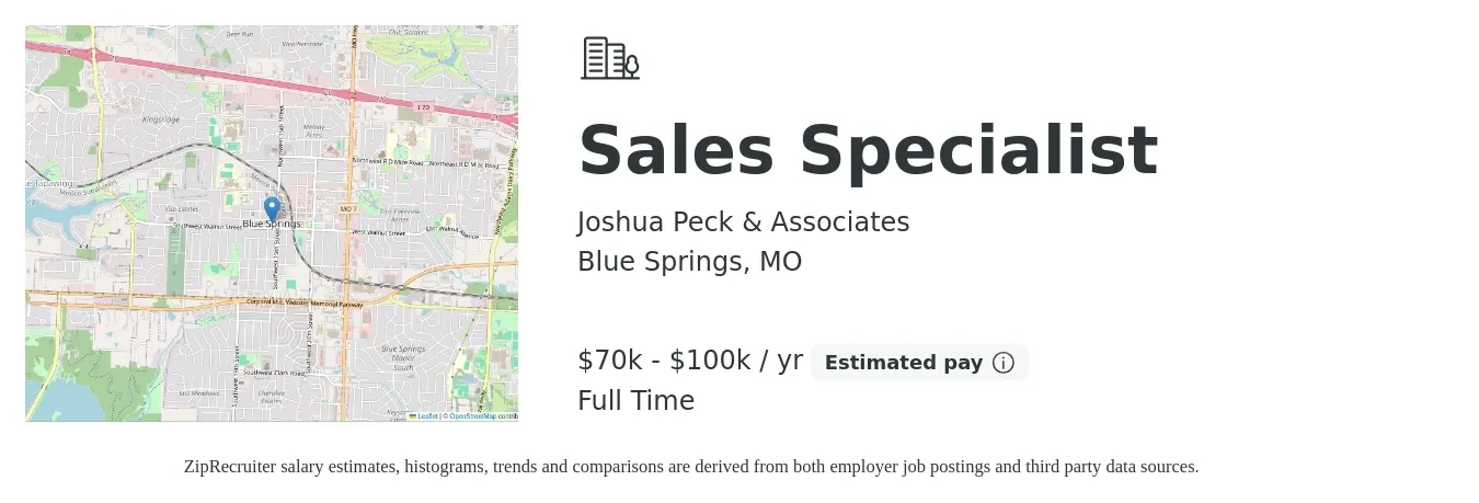 Joshua Peck & Associates job posting for a Sales Specialist in Blue Springs, MO with a salary of $70,000 to $100,000 Yearly with a map of Blue Springs location.