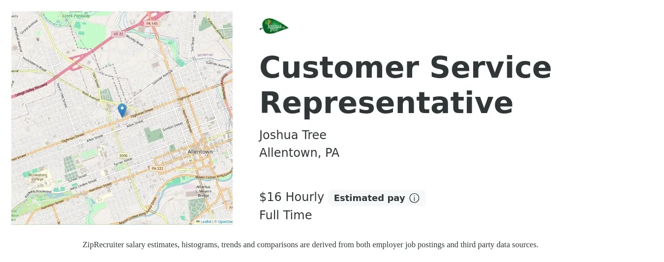 Joshua Tree job posting for a Customer Service Representative in Allentown, PA with a salary of $17 Hourly with a map of Allentown location.