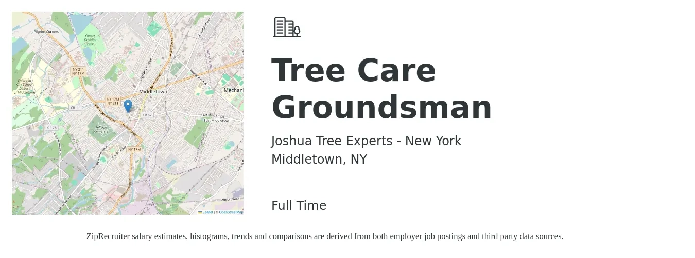 Joshua Tree Experts - New York job posting for a Tree Care Groundsman in Middletown, NY with a salary of $17 to $22 Hourly with a map of Middletown location.