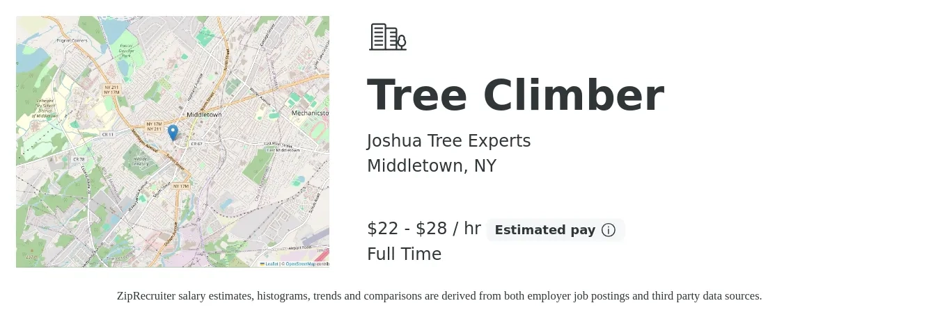 Joshua Tree Experts job posting for a Tree Climber in Middletown, NY with a salary of $23 to $30 Hourly with a map of Middletown location.