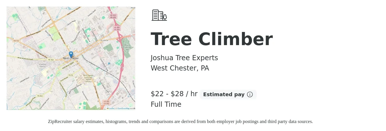 Joshua Tree Experts job posting for a Tree Climber in West Chester, PA with a salary of $23 to $30 Hourly with a map of West Chester location.