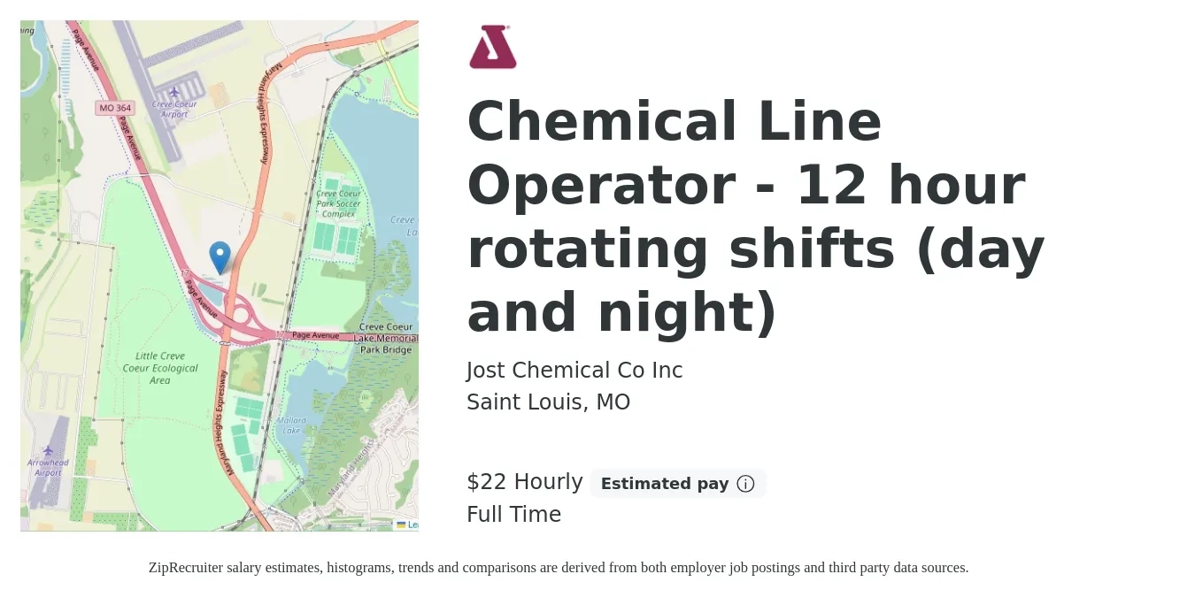 Jost Chemical Co Inc job posting for a Chemical Line Operator - 12 hour rotating shifts (day and night) in Saint Louis, MO with a salary of $24 Hourly with a map of Saint Louis location.