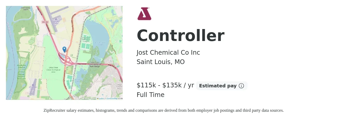 Jost Chemical Co Inc job posting for a Controller in Saint Louis, MO with a salary of $90,800 to $129,700 Yearly with a map of Saint Louis location.