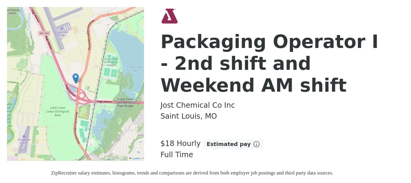 Jost Chemical Co Inc job posting for a Packaging Operator I - 2nd shift and Weekend AM shift in Saint Louis, MO with a salary of $20 Hourly with a map of Saint Louis location.