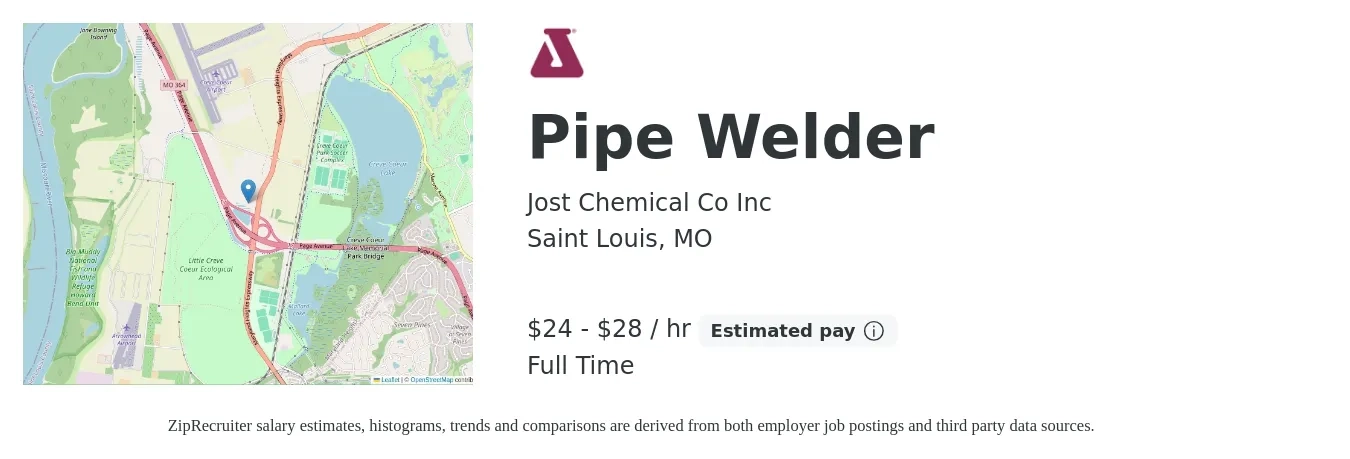 Jost Chemical Co Inc job posting for a Pipe Welder in Saint Louis, MO with a salary of $25 to $30 Hourly with a map of Saint Louis location.