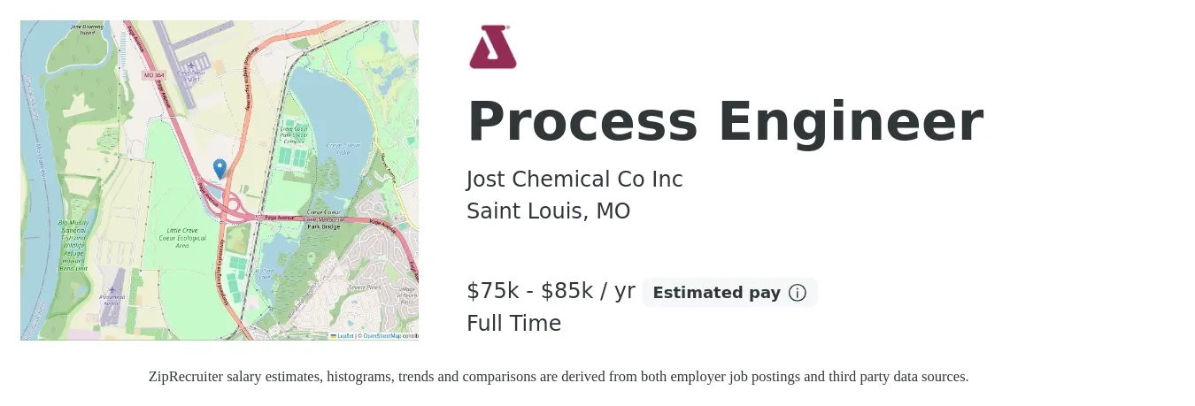Jost Chemical Co Inc job posting for a Process Engineer in Saint Louis, MO with a salary of $75,000 to $85,000 Yearly with a map of Saint Louis location.