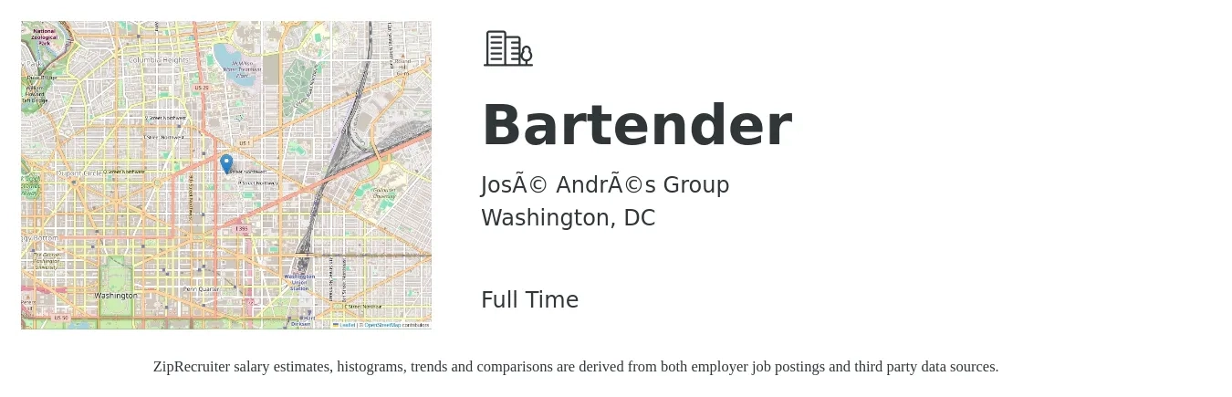 José Andrés Group job posting for a Bartender in Washington, DC with a salary of $11 to $21 Hourly with a map of Washington location.