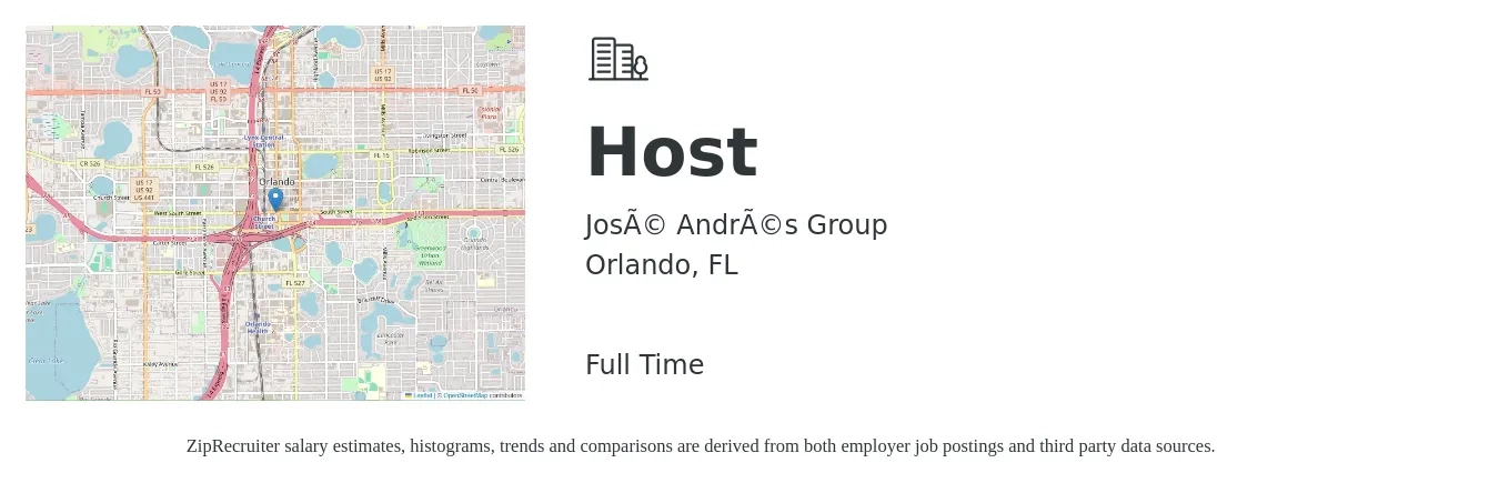 José Andrés Group job posting for a Host in Orlando, FL with a salary of $11 to $16 Hourly with a map of Orlando location.