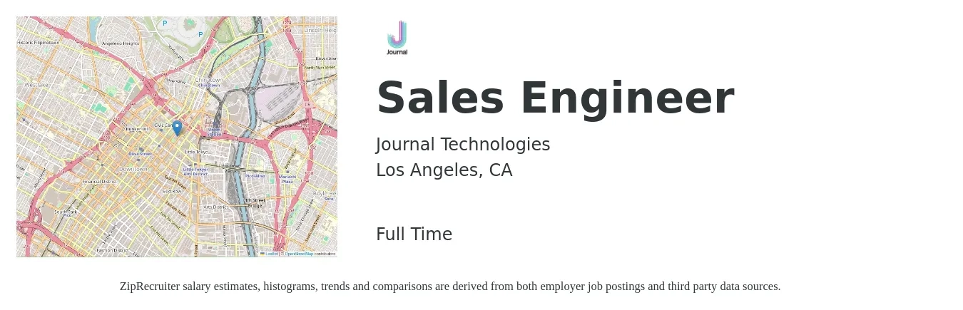 Journal Technologies job posting for a Sales Engineer in Los Angeles, CA with a salary of $75,000 to $90,000 Yearly with a map of Los Angeles location.