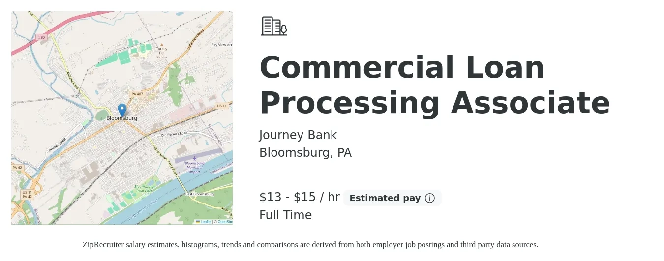 Journey Bank job posting for a Commercial Loan Processing Associate in Bloomsburg, PA with a salary of $14 to $16 Hourly with a map of Bloomsburg location.