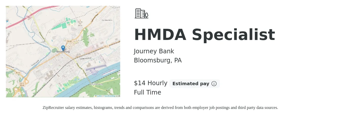 Journey Bank job posting for a HMDA Specialist in Bloomsburg, PA with a salary of $15 Hourly with a map of Bloomsburg location.