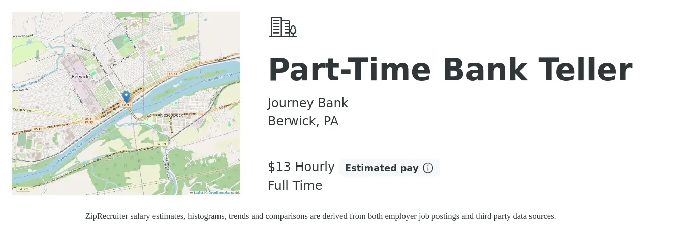 Journey Bank job posting for a Part-Time Bank Teller in Berwick, PA with a salary of $14 Hourly with a map of Berwick location.