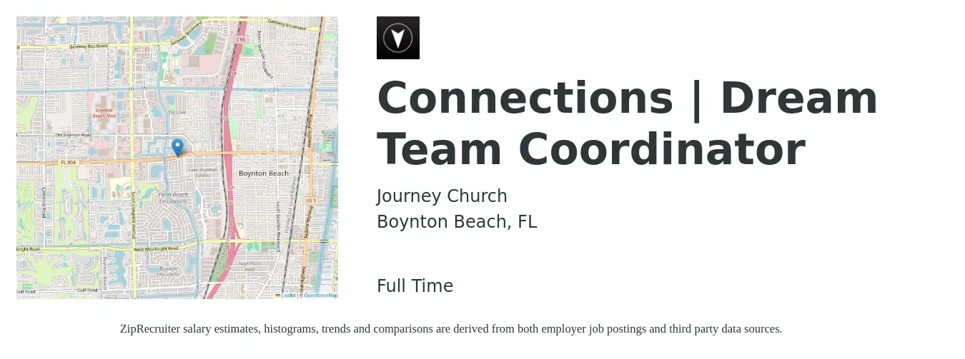 Journey Church job posting for a Connections | Dream Team Coordinator in Boynton Beach, FL with a salary of $18 to $25 Hourly with a map of Boynton Beach location.