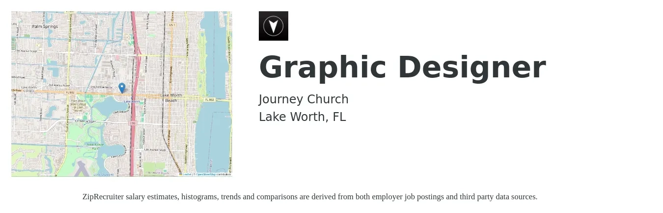 Journey Church job posting for a Graphic Designer in Lake Worth, FL with a salary of $18 to $29 Hourly with a map of Lake Worth location.