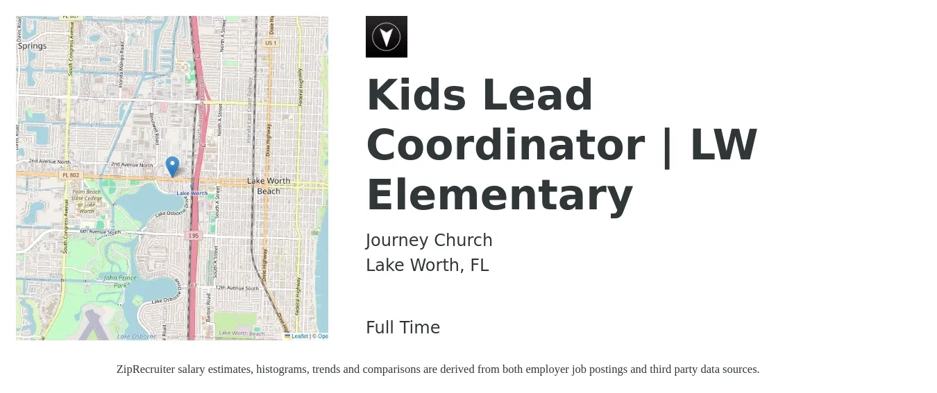 Journey Church job posting for a Kids Lead Coordinator | LW Elementary in Lake Worth, FL with a salary of $16 to $23 Hourly with a map of Lake Worth location.