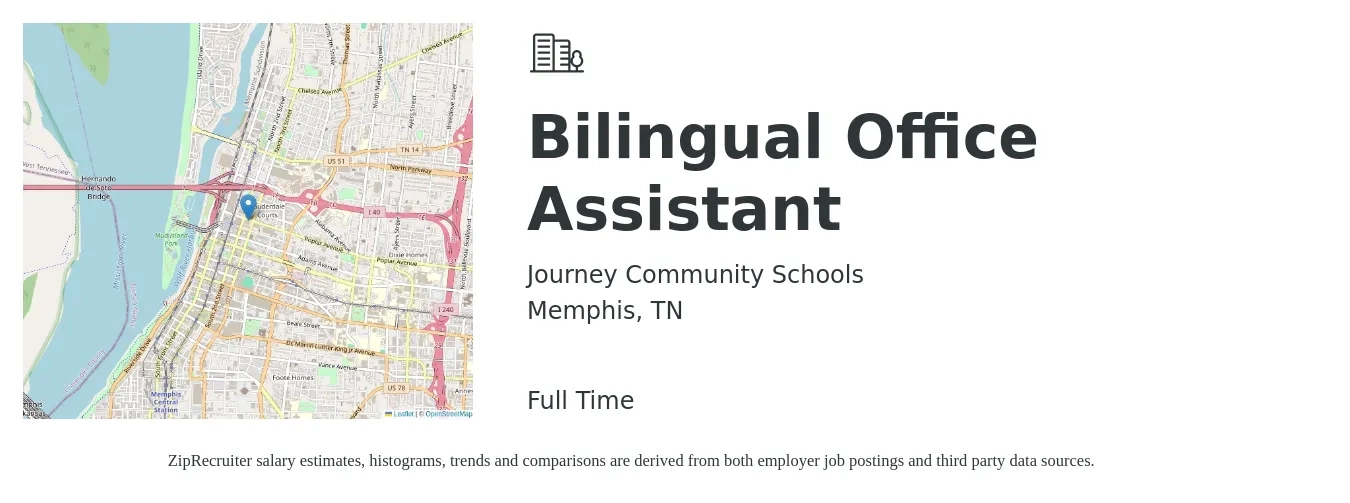 Journey Community Schools job posting for a Bilingual Office Assistant in Memphis, TN with a salary of $15 to $19 Hourly with a map of Memphis location.