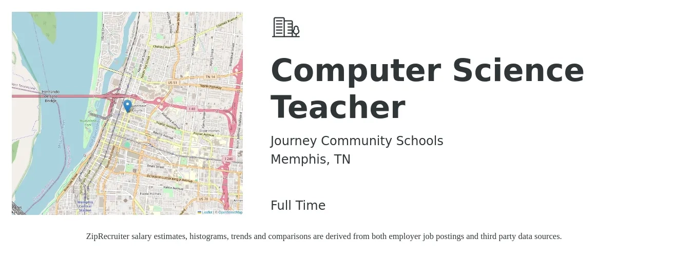 Journey Community Schools job posting for a Computer Science Teacher in Memphis, TN with a salary of $45,100 to $62,000 Yearly with a map of Memphis location.