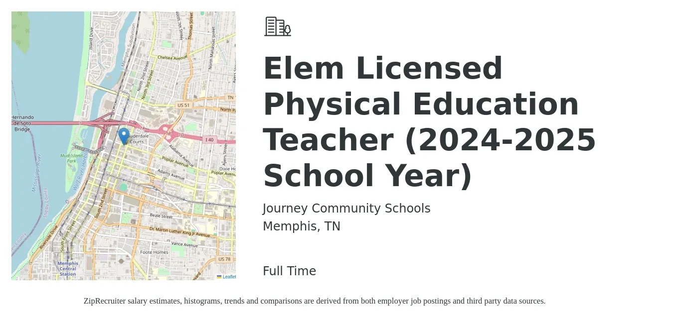 Journey Community Schools job posting for a Elem Licensed Physical Education Teacher (2024-2025 School Year) in Memphis, TN with a salary of $42,700 to $57,500 Yearly with a map of Memphis location.